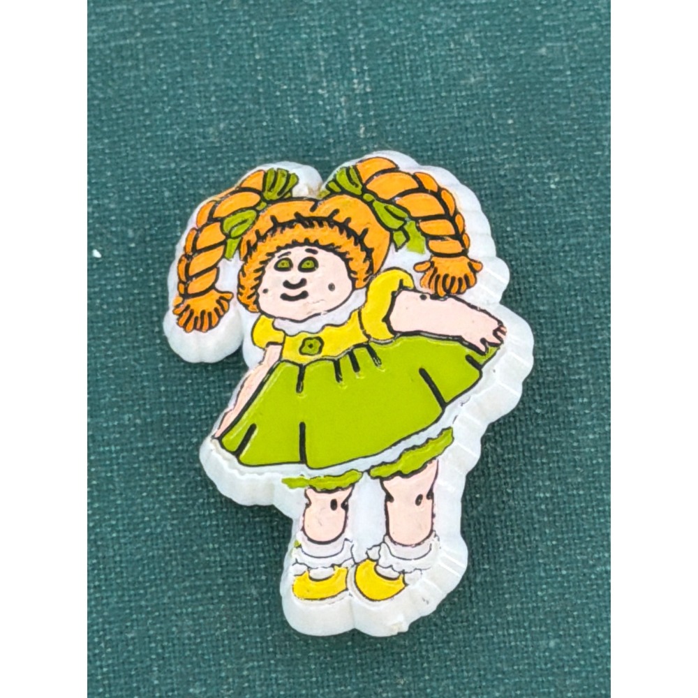 Vintage 1983 Cabbage Patch Kids Pin Orange Pigtails Green Dress Plastic Brooch